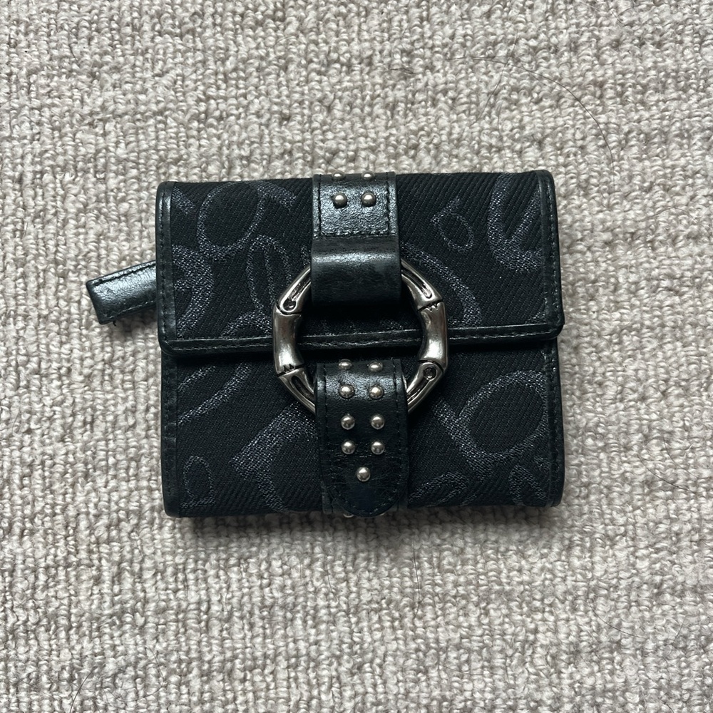 Y2K Bebe black monogram fold wallet with silver buckle